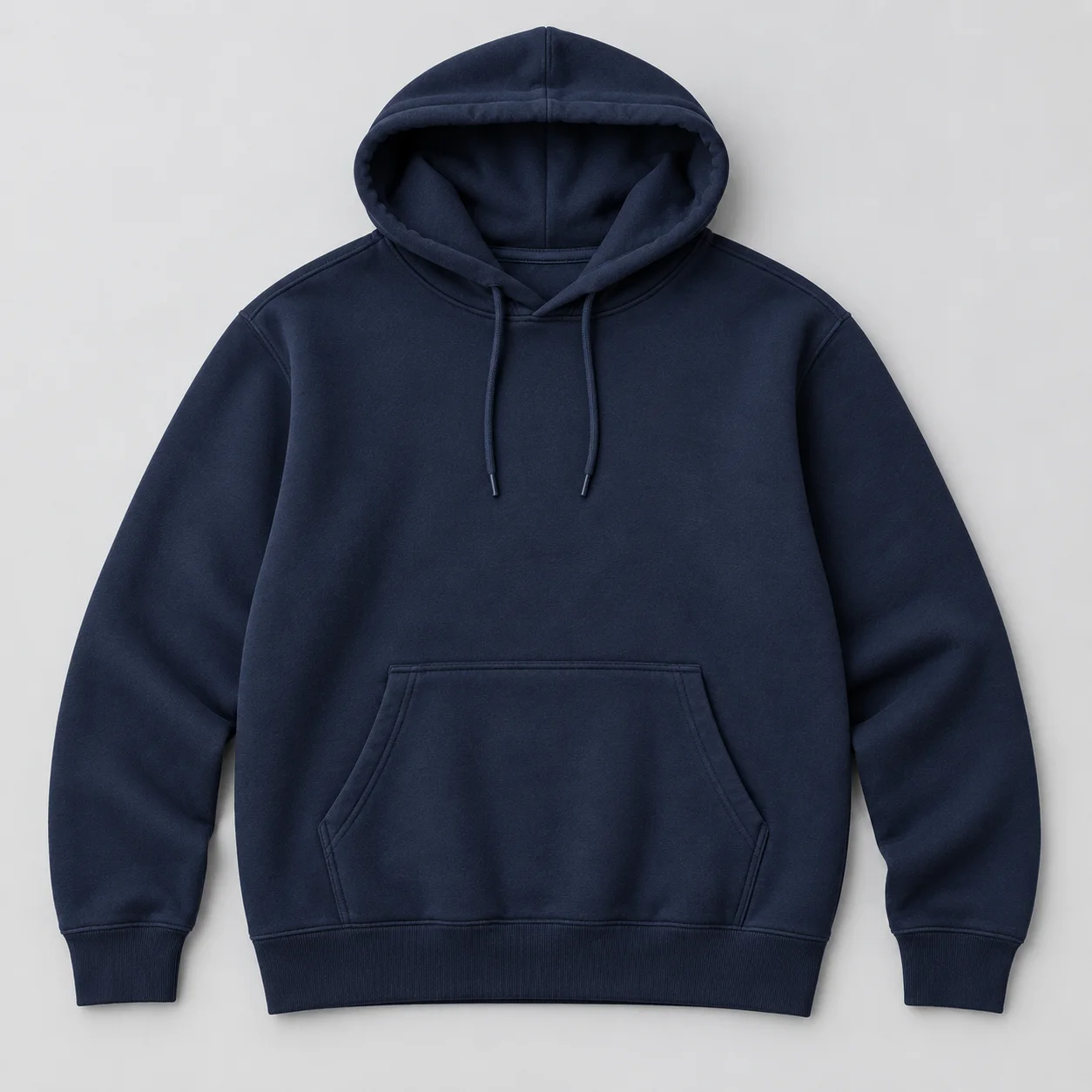 Illustrative navy pullover hoodie with kangaroo pocket and ribbed cuffs
