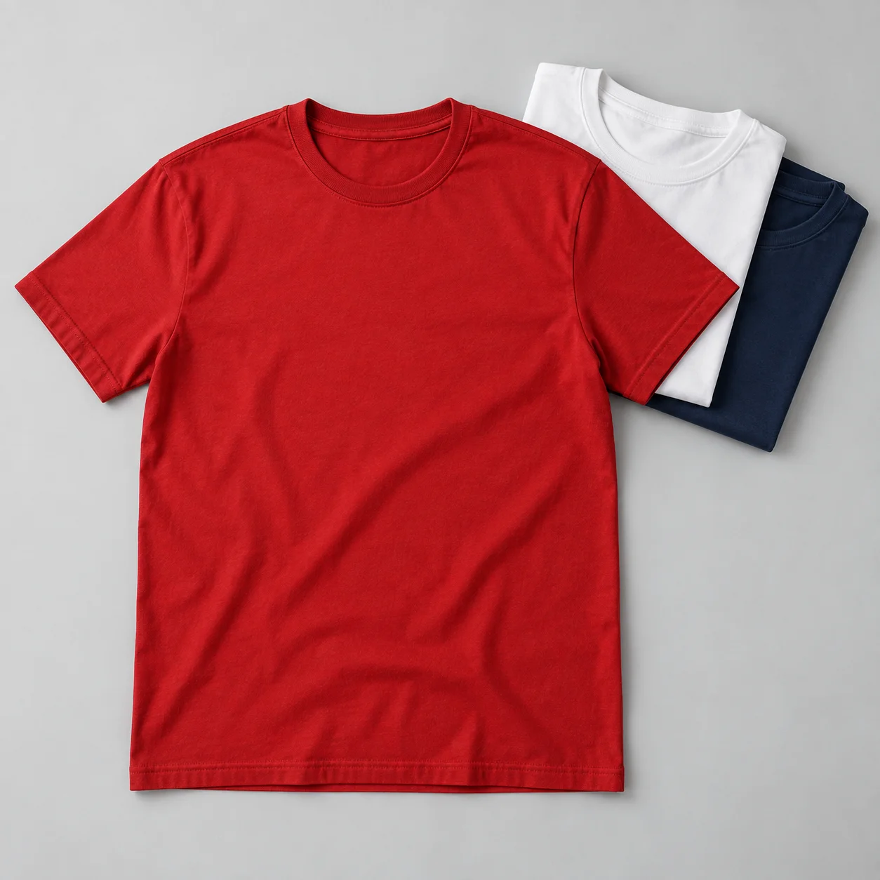 Illustrative red promotional crew-neck tshirt with folded white and navy tees